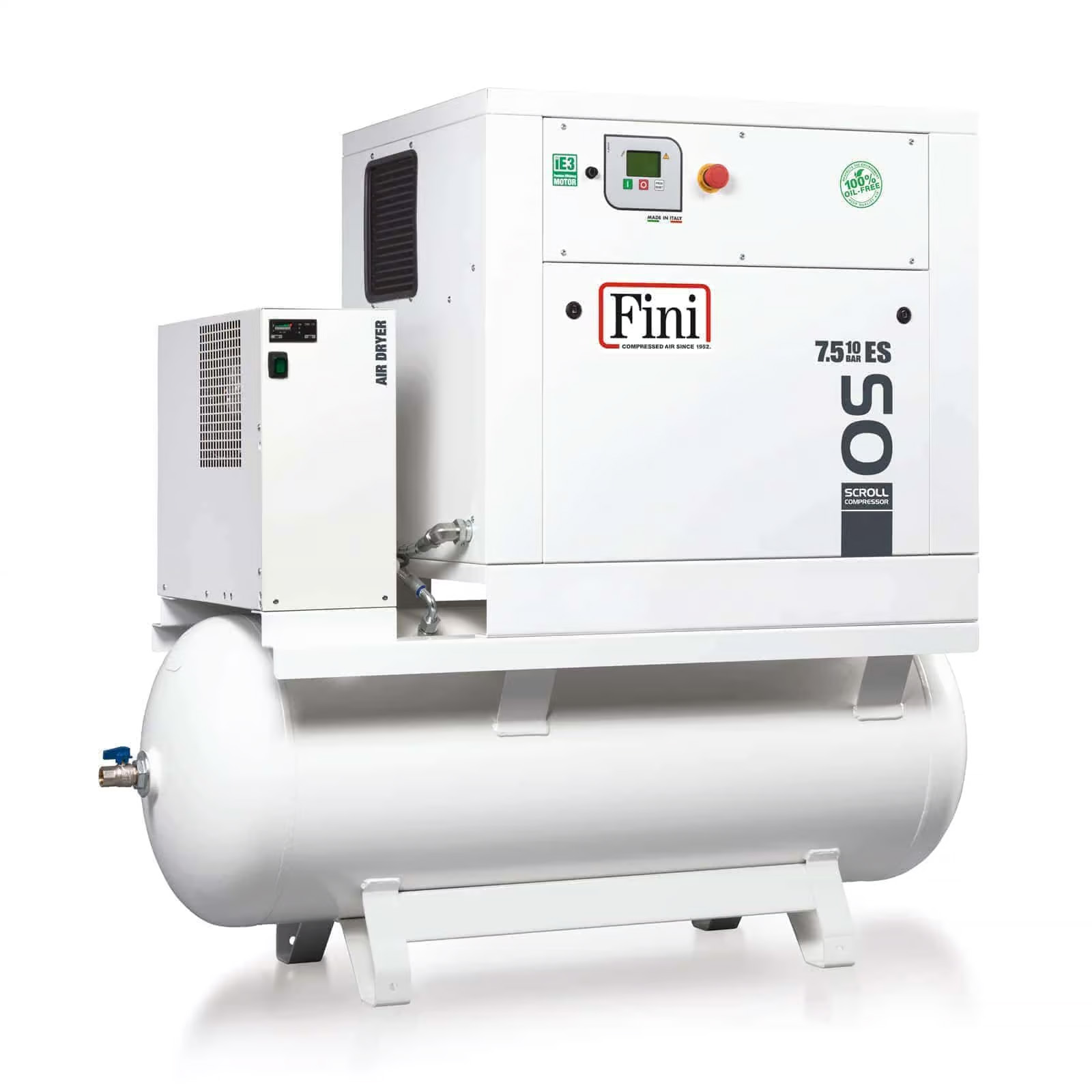 Scroll compressor with tank and dryer